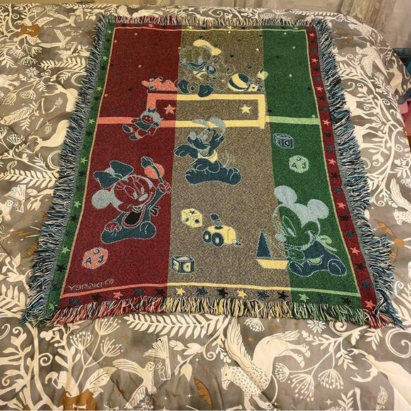 90s Vintage 45” x 53” Disney baby blanket fringe blue white Mickey Mouse toys - Picture 6 of 10